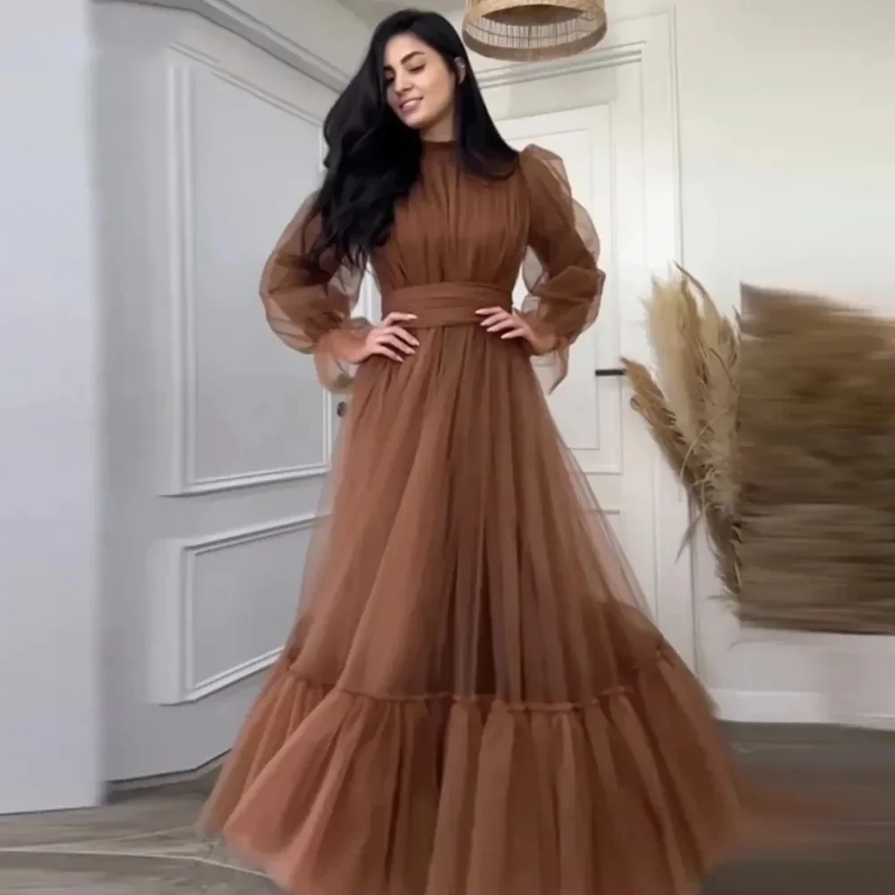 Moderl Saudi Arabia Prom Dresses Puffy Long Sleeves Ankle Length Tulle Women Formal Evening Party Gowns Israel Vestido De Noche