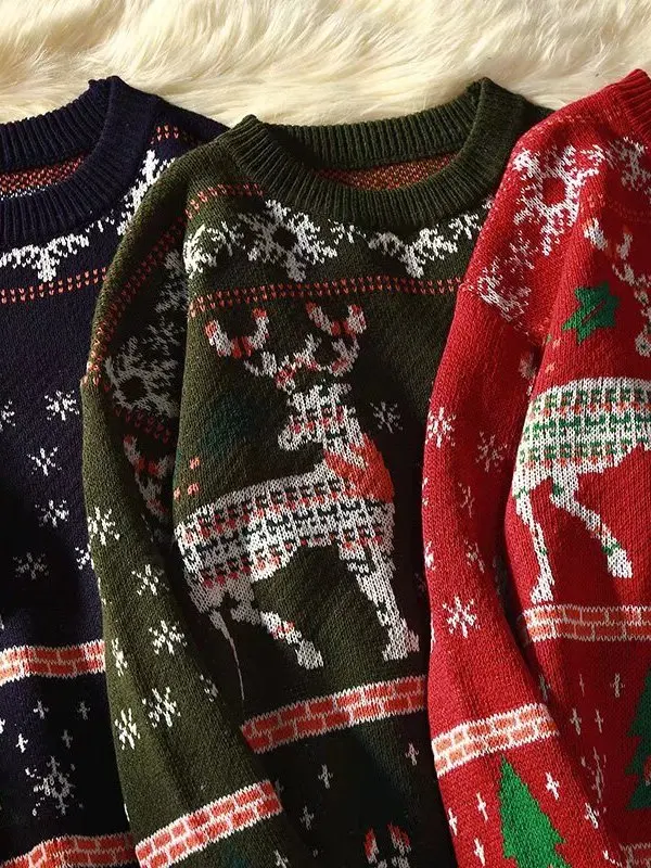 Suéter de Punto Hoado Estilo Navideño Fair Isle, ex, para Estudiantes y Parejas, Manga Larga, Cuello Redondo, Abrigo Cá...