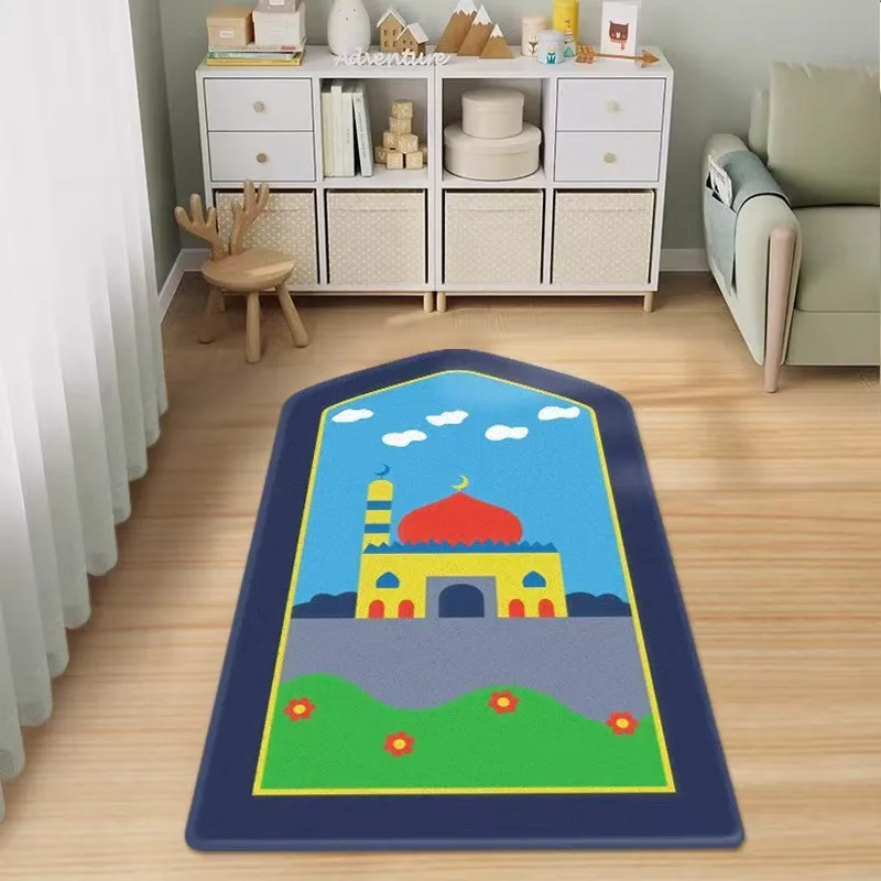 VIKAMA Pink Kaaba Pattern Prayer Rug with Minimalist Moon & Star Design Soft Bedroom Mat Spiritual-Inspired Rental Renovation