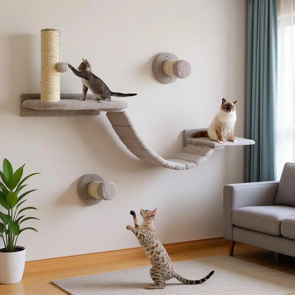 

Cat Wall Shelves Climber Systems, Set of 7 Heavy Duty Wall-Mounted Cat Furniture Set with Scratcher Post, Bridge Ladder, Wooden
