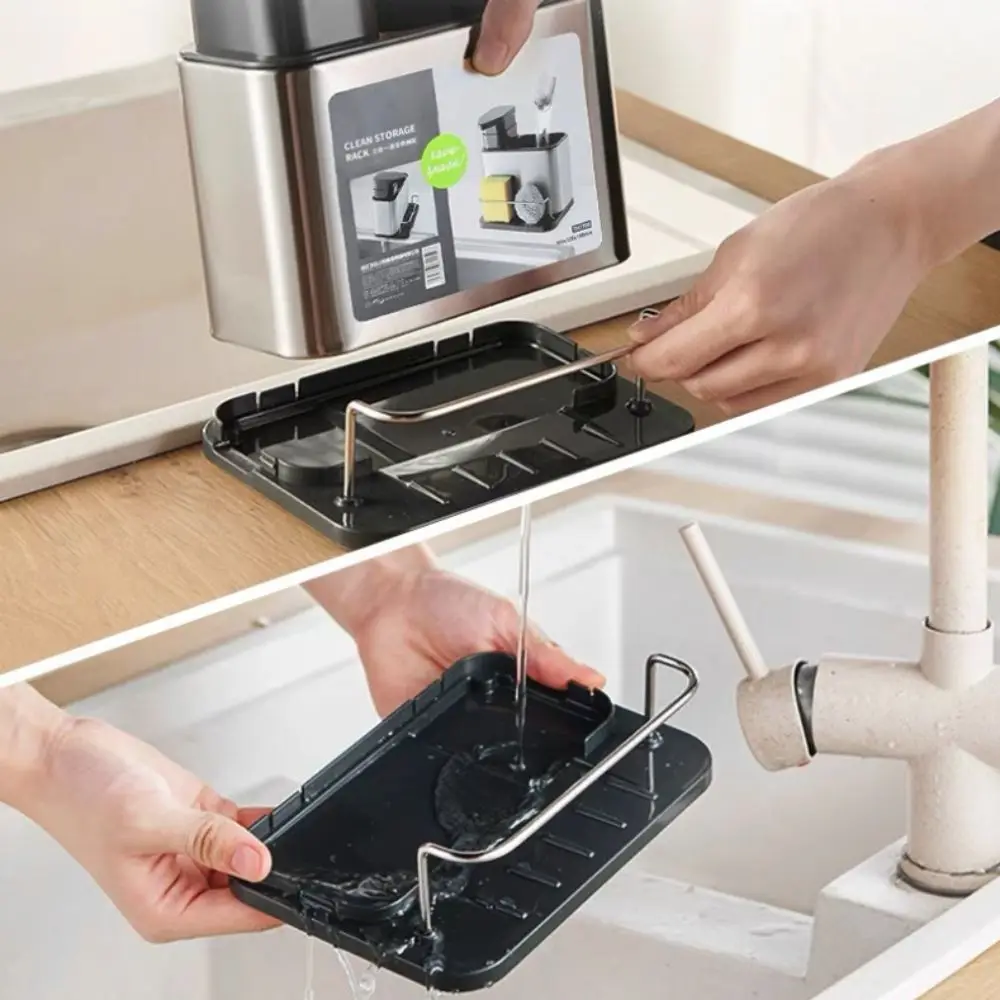 

3-в-1 держатель для губки, диспенсер для моющих средств из нержавеющей стали, кухонная стойка для слива, компактный органайзер для раковины, чистка, хранение