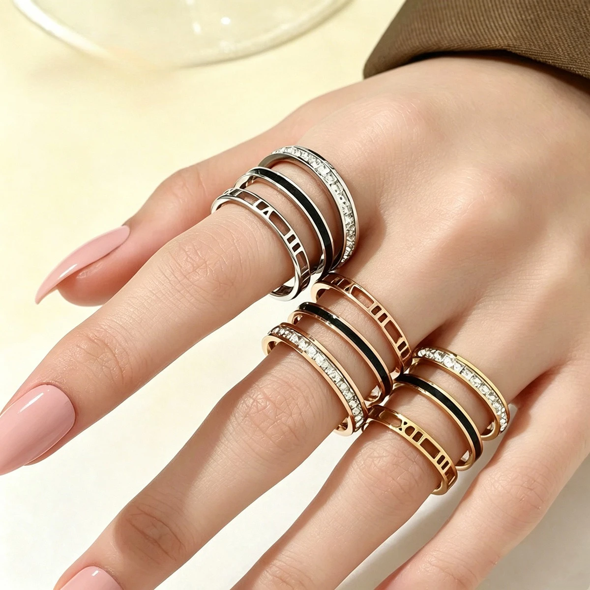 Stainless Steel Roman Script Ring for Women Three-piece Set Ring