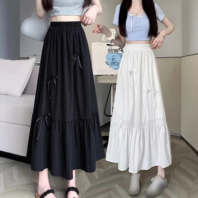 Women Stylish High-Waist Skirt Elastic A-Line Pleated Skirt With Bows Puffy Skirt Sweet Bow Lace Up Fluffy Skirts