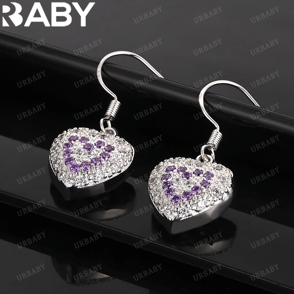 

URBABY 925 Sterling Silver Earrings Purple Zircons Heart Drop Earrings For Women Jewelry Fashion Party and Daily Wear