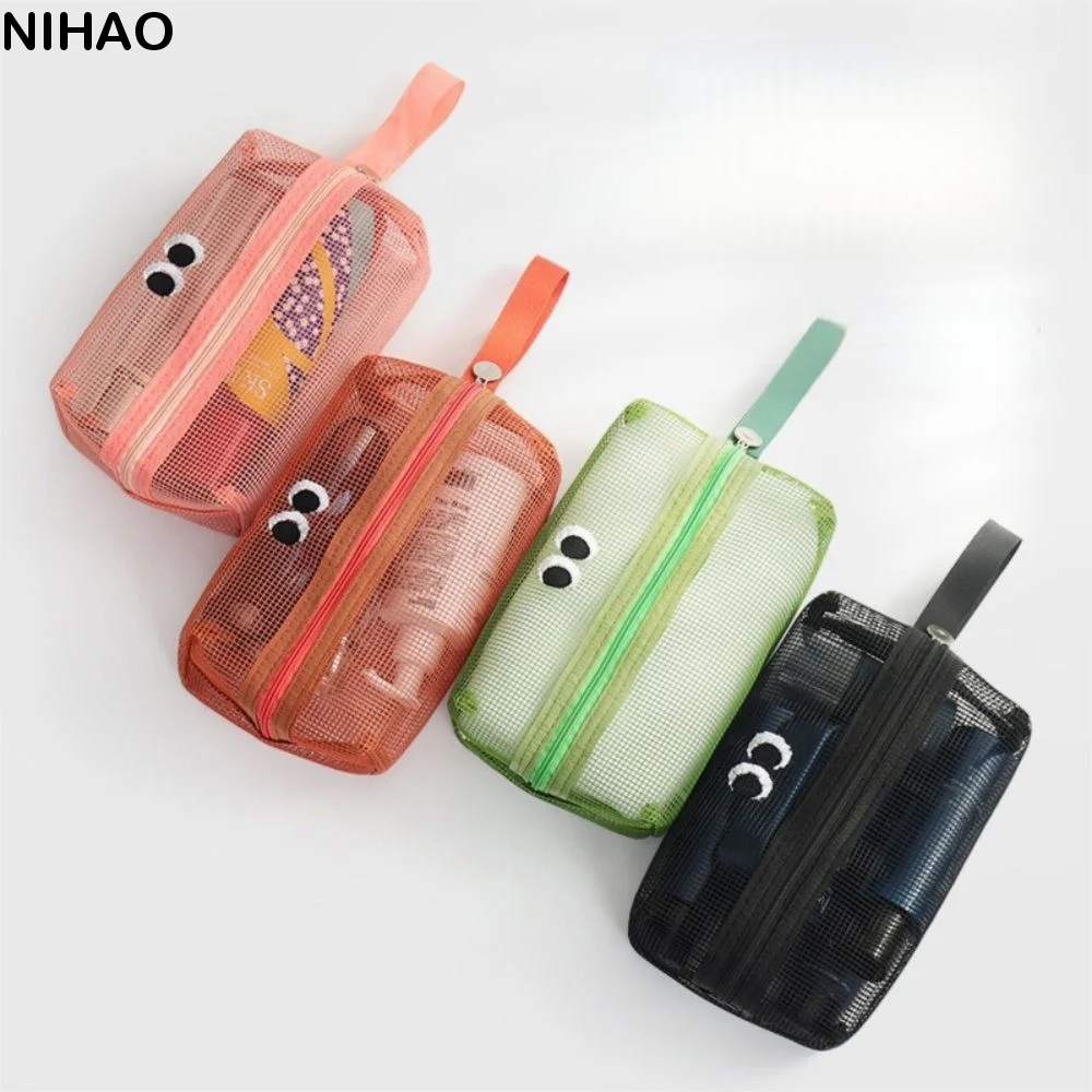 

Transparent Big Eyes Mesh Makeup Bag Large Capacity with Handle Cute Zipper Pouch Breathable Quick Dry Travel Cosmetic Handbag