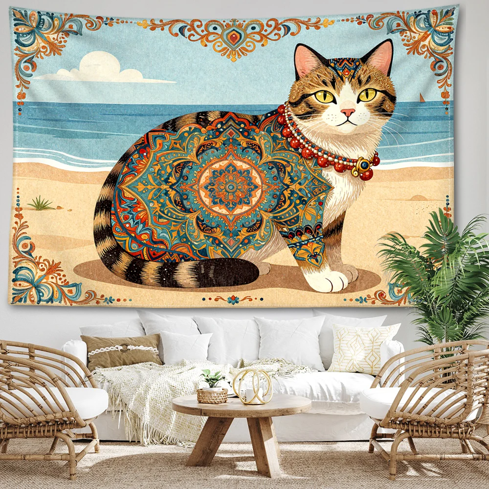 Beach Cat Mandala Border Printed Tapestry Wall Hanging Bohemian Style Bedroom Home Decor
