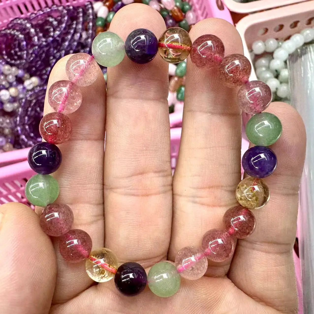 8-9mm Natural Stone Bracelet ：Red Strawberry Quartz Green Strawberry Quartz Amethyst Citrine Crystal Gemstone Jewelry For Women