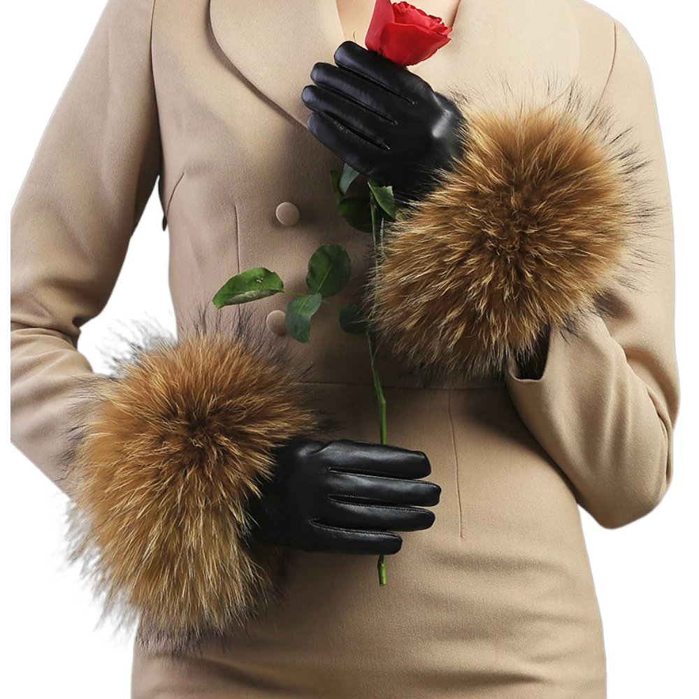 2020 New Real Raccoon Fur Gloves Leather Women\'s Gloves Fashion Luxury Big Raccoon Fur Sheepskin Genuine Leather Gloves Female