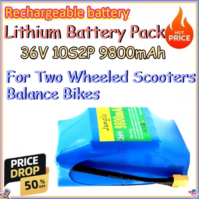 36V 10S2P 9800mAh Lithium Battery Pack for Two Wheeled Scooters Balance Bikes Replacement Lithium Battery Pack with BMS