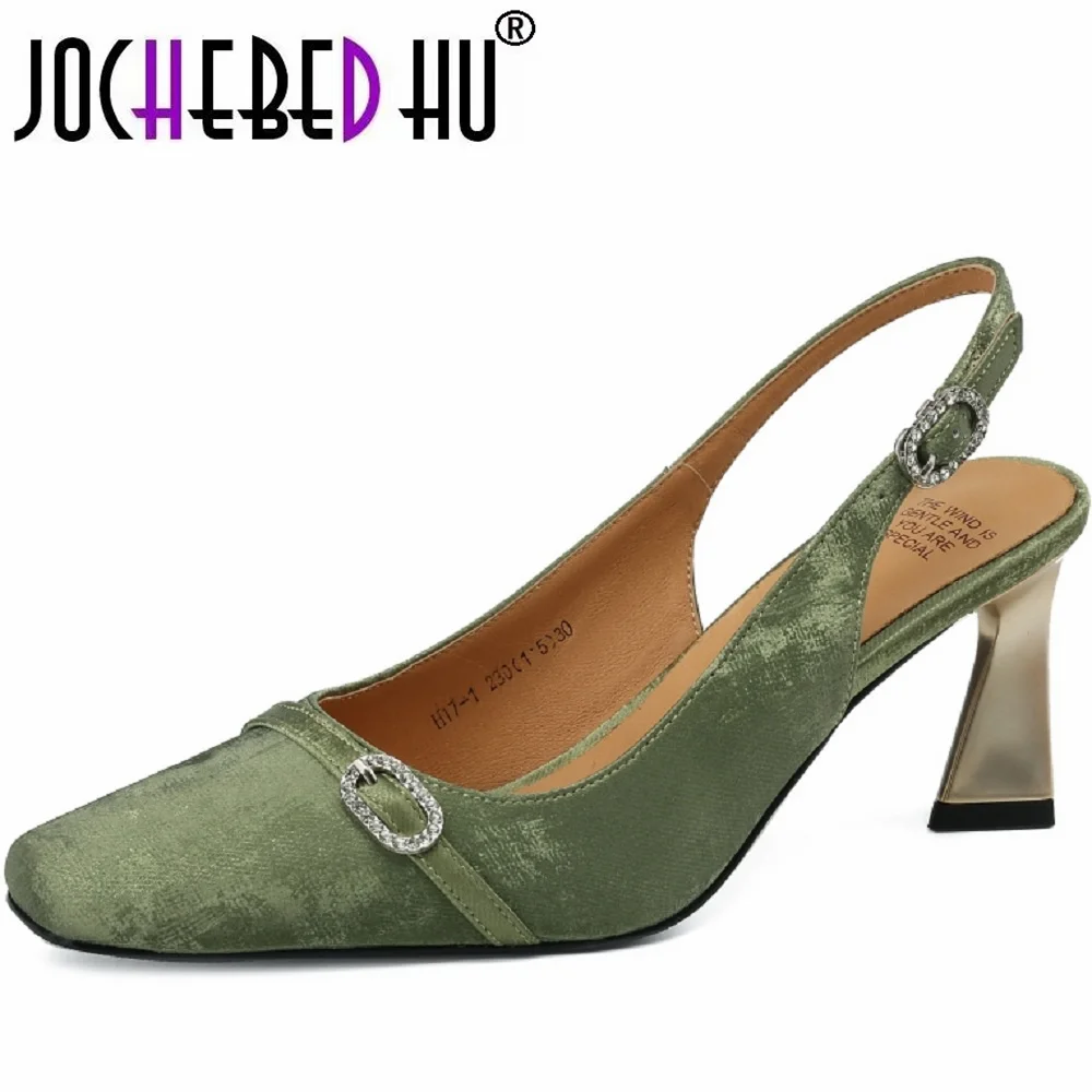 

【JOCHEBED HU】Summer Woman Sandals Genuine Leather Shoes for Women Cover Toe Slingback Retro Elegent Flower High Heels 34-40