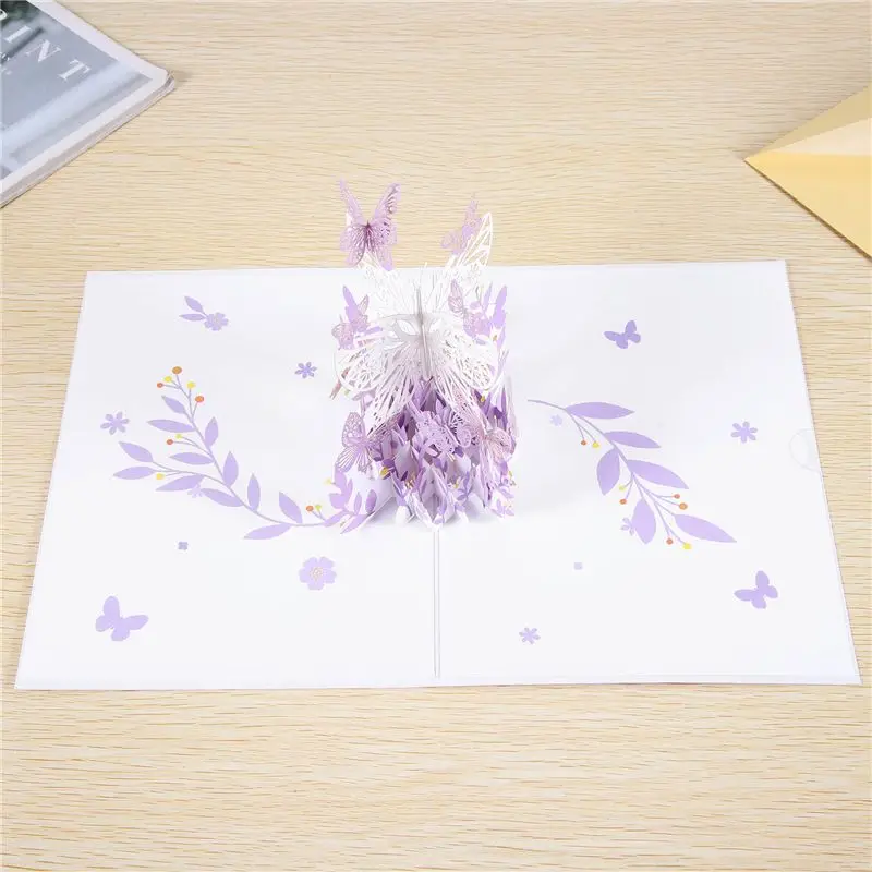 A01E-Purple Butterfly Birthday Popup Card, Butterfly Flower Basket 3D Greeting Cards For Women Girl Daughter, Mothers Day