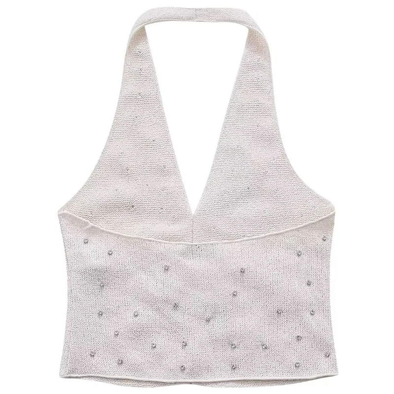 HXAO Rhinestones Crop Halter Vest Women Top Summer 2024 Sleeveless Backless Tank Top New In Vest Fashion Casual Ladies Beach Top