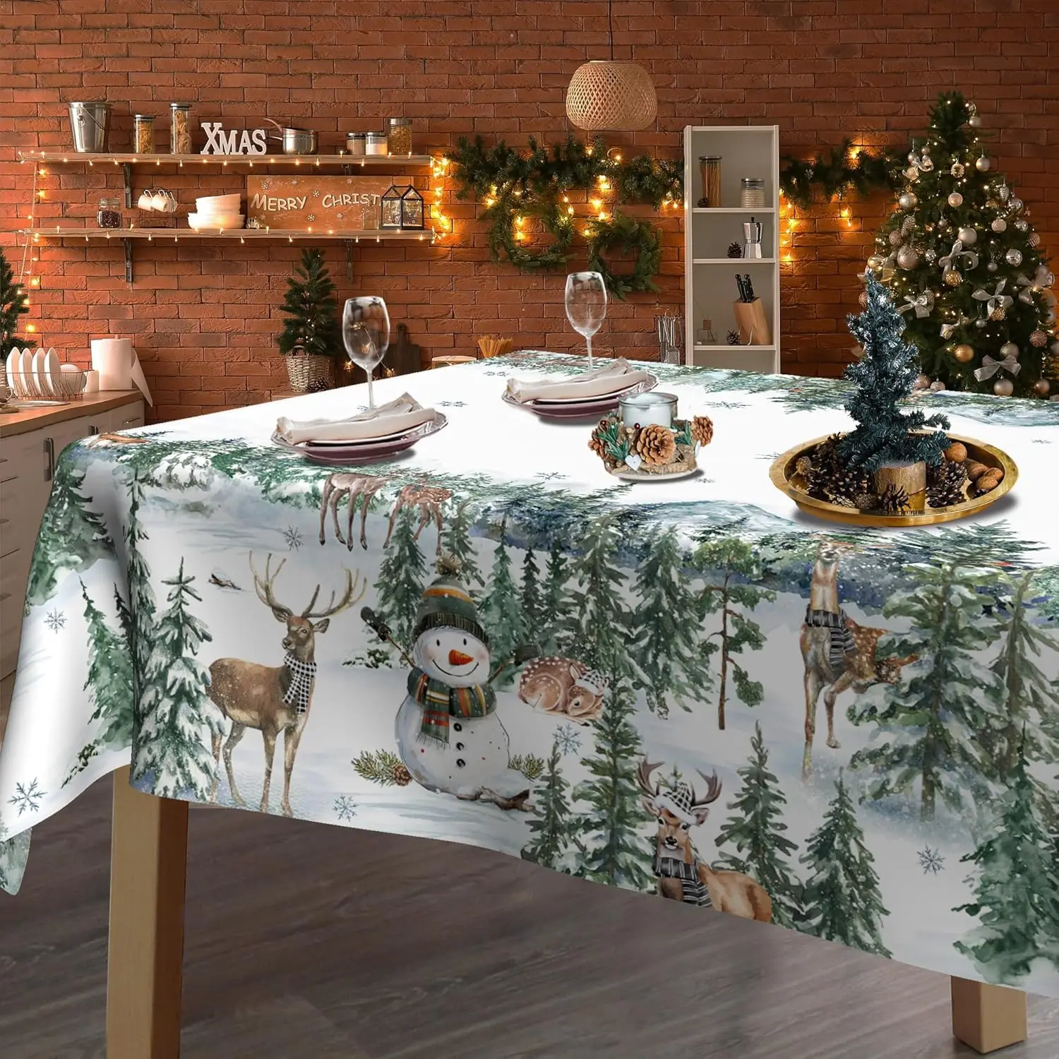 Merry Christmas Snowman Deers Tablecloth for Table Decor Washable Winter Xmas Trees Polyester Table Cloth Christmas Decorations