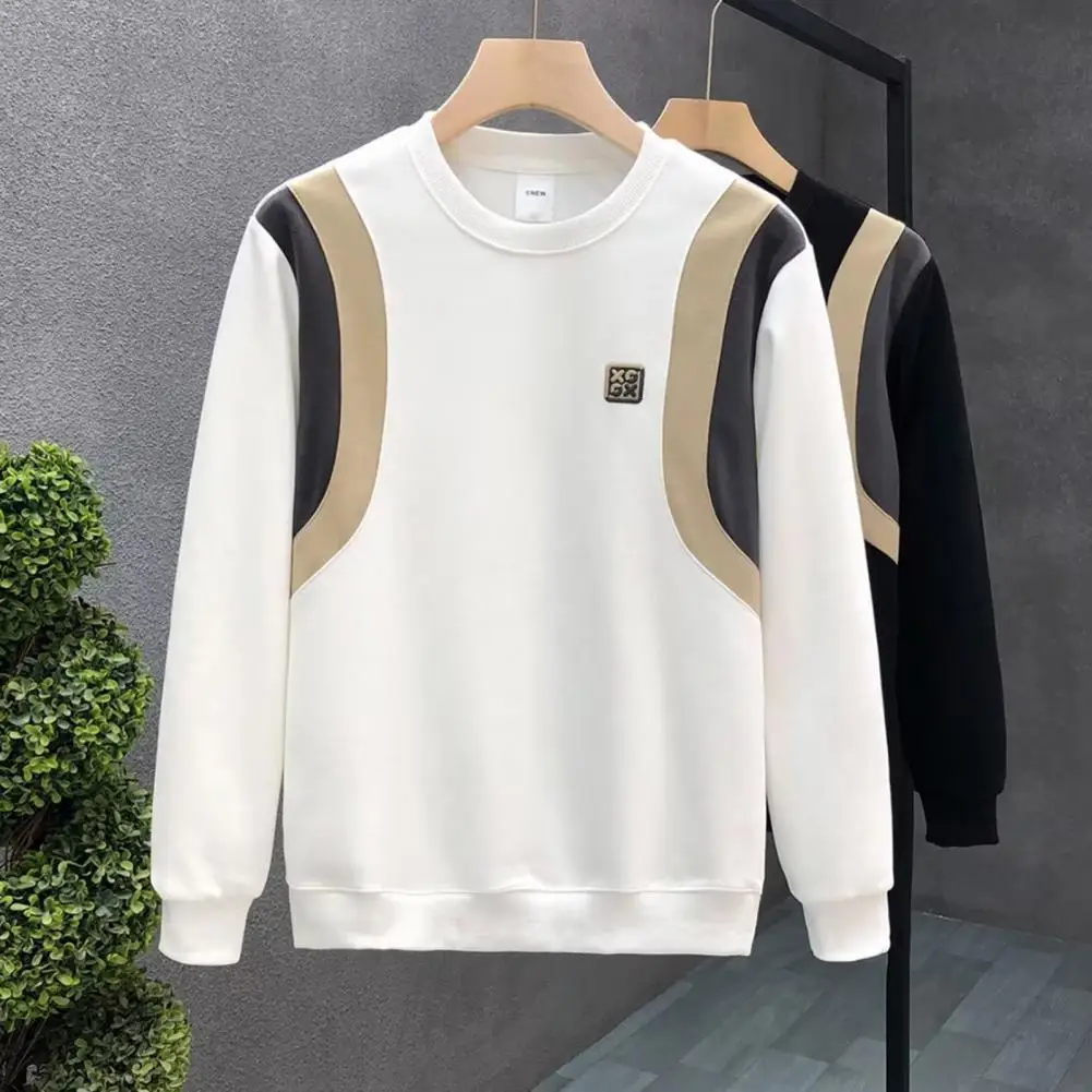 Round Neck Sweatshirt with Loose Elastic Cuff Color-blocked Sweatshirt Breathable Casual Men's Soft Pullover Sports Sweatshirt