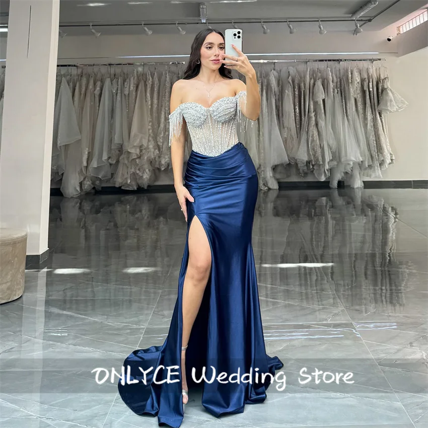 Stunning Navy Blue Mermaid Evening Dress Sweetheart Corset Crystals Beads Tassels Prom Dress 2024 Formal Occasion Customized