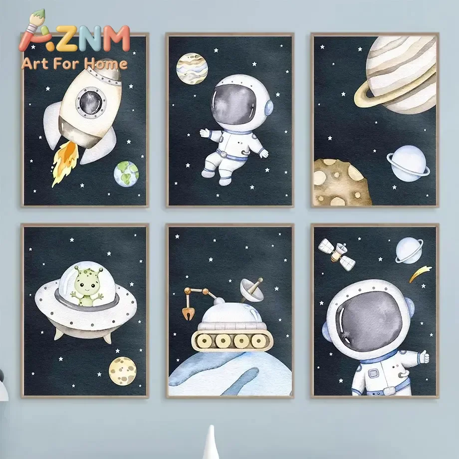 Cute Cartoon Astronaut Space Planet Rocket Satellite Car Minimalist Wall  Print Canvas Painting Poster for Modern Home Decor