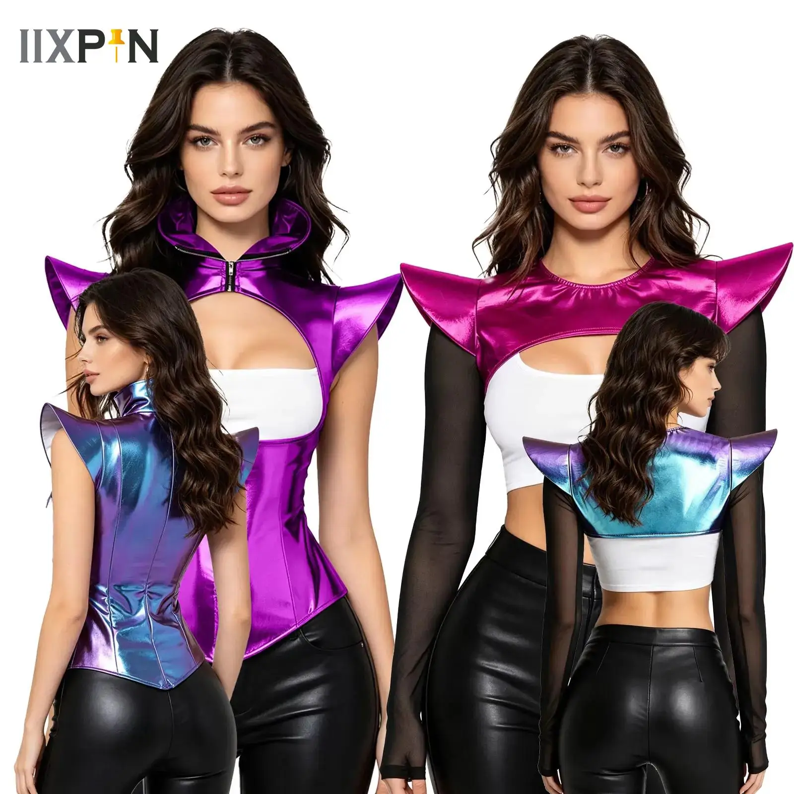 

Futuristic Astronaut Metallic Crop Top Stand Collar Fly Sleeve Cutout Corset Bustier for Halloween Alien Robot Cosplay Show