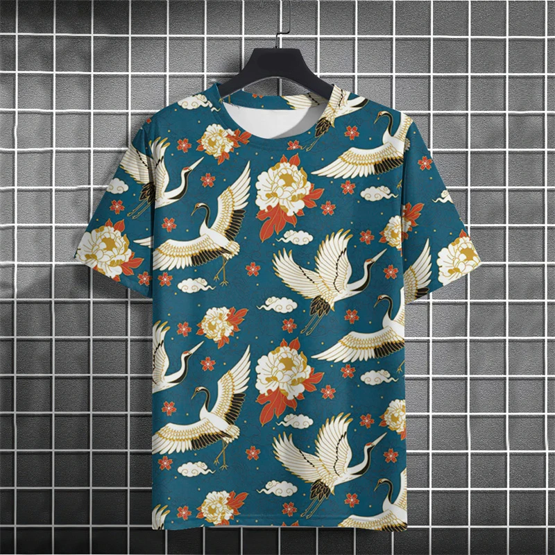 Crane Graphic T-shirt Chinese Style Fashion Casual Short Sleeve Tops Koi 3D Printed Oversized High Quality Cotton Streetwear