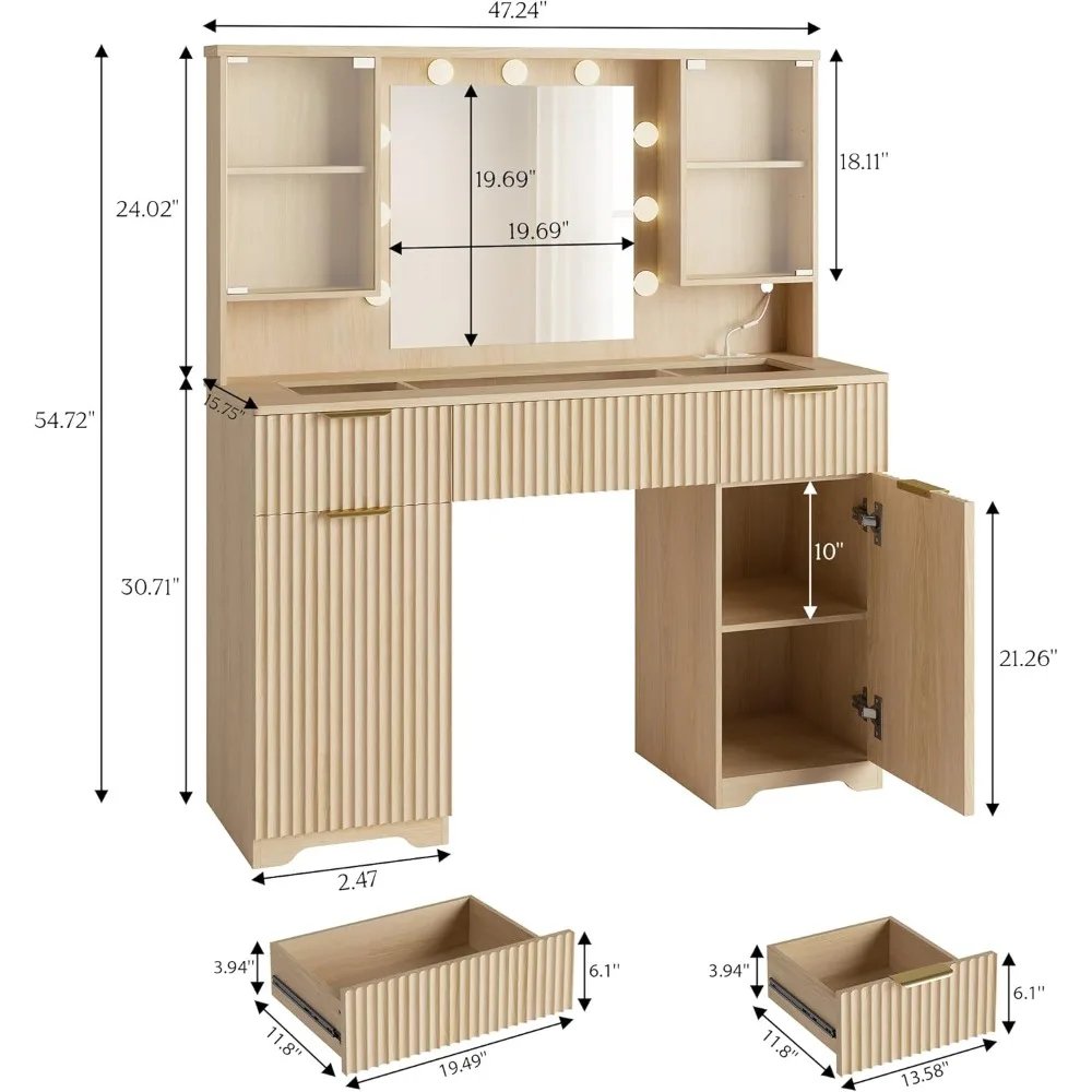 مكتب مكياج مخدد مع مرآة وأضواء، زينة خشبية مقاس 48 بوصة، وطاولة تزيين مع 3 أدراج وأرفف قابلة للتعديل، زجاج