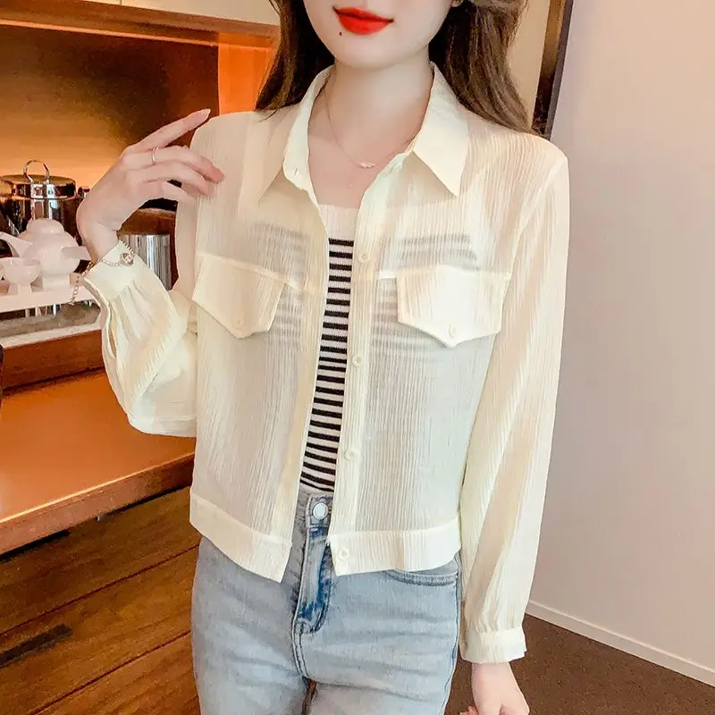 

Fashion Harajuku Slim Fit Female Clothes Loose Casual All Match Outerwear Button POLO Collar Long Sleeve Shirt Summer Elegant