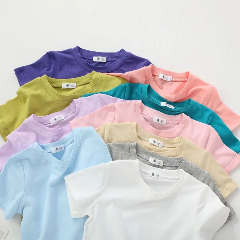 Summer Kids Cotton Tees Top Solid Color T-shirt Versatile Short Sleeve Kindergarten Student Class Uniform for Boys and Girls - Image 3