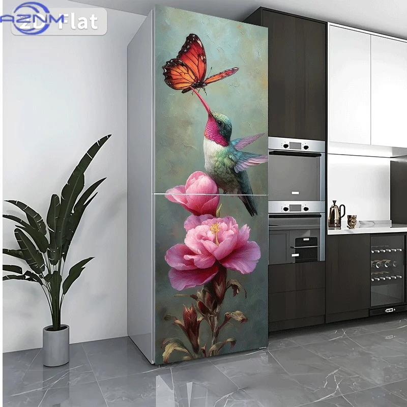 Printing: A Hummingbird and Butterfly Admiring Flowers Together Decorative Sticker - Wall Decal, Suitable for Walls and Refri