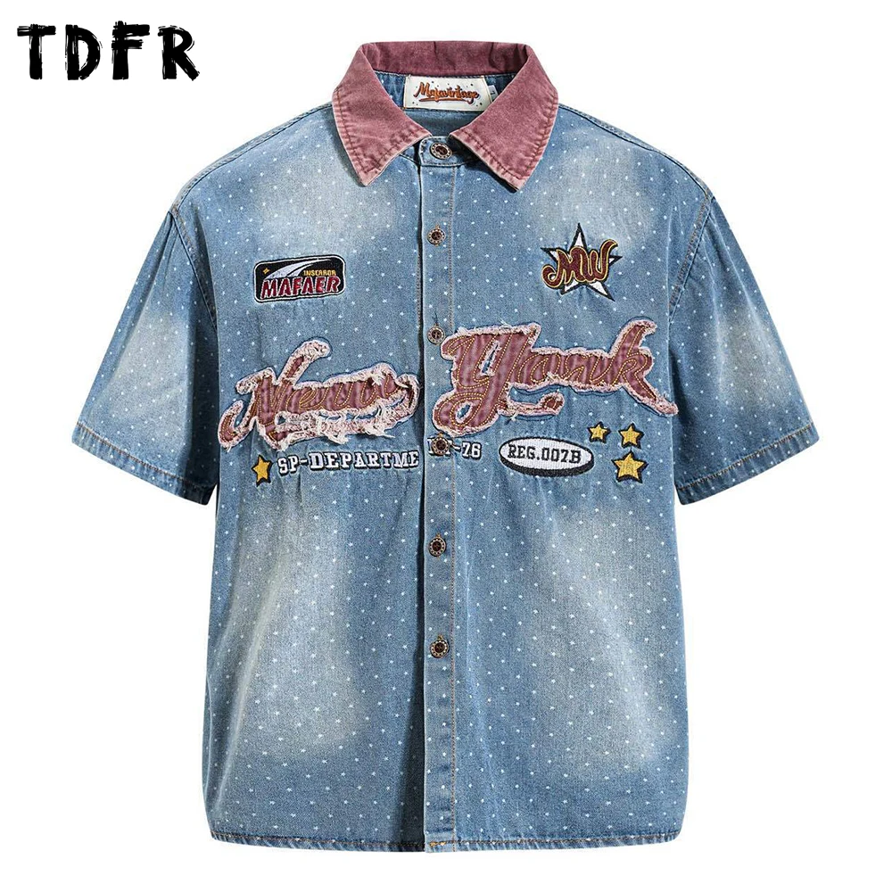 

Мужские летние джинсовые рубашки с вышивкой и нашивками, в стиле ретро, с эффектом потертости, комбинированные, с отложным воротником, на одной пуговице, с коротким рукавом