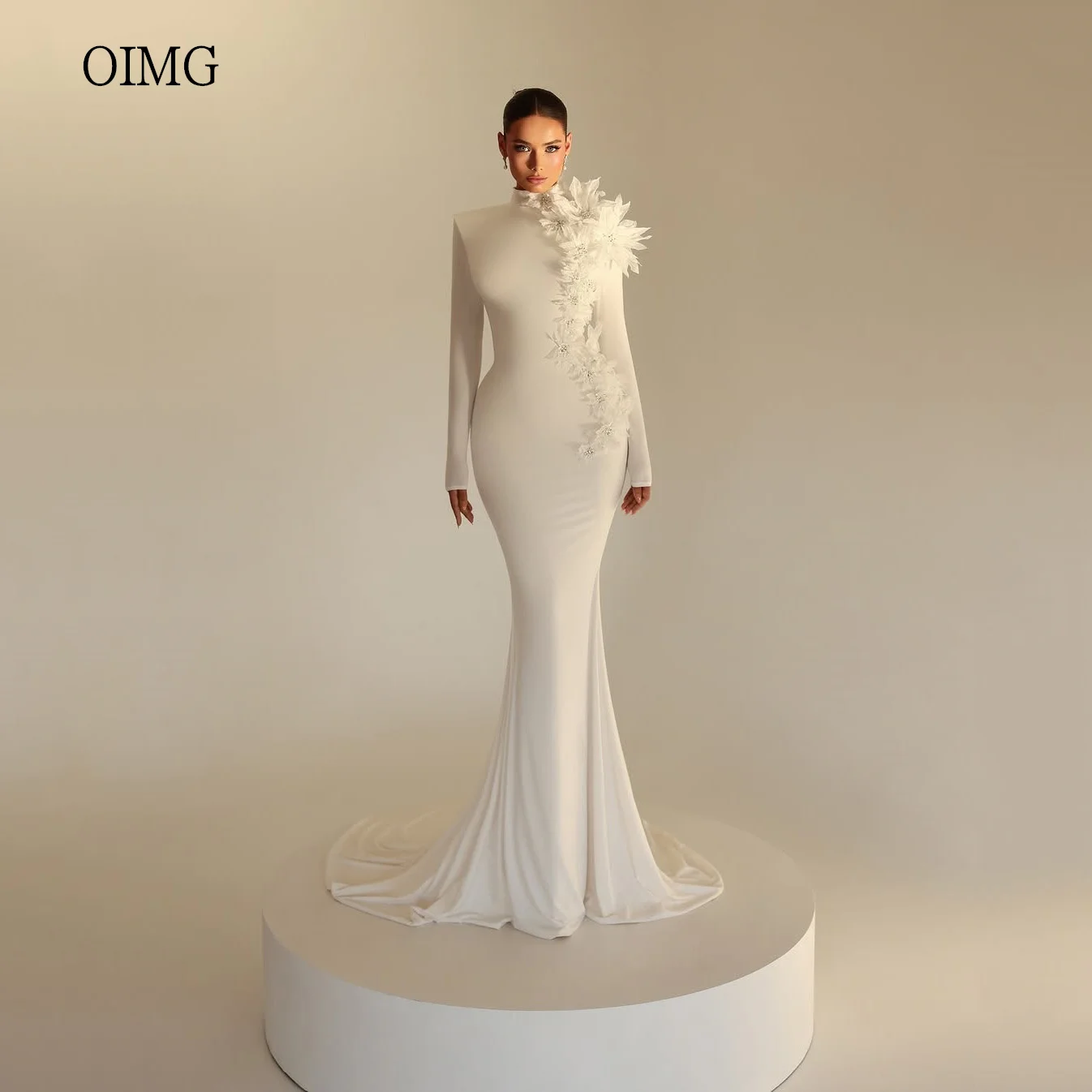 

OIMG Superstar Mermaid Wedding Dress High Neck Flower Decoration Bride Dresses Spandex Wedding Gowns vestidos Customized