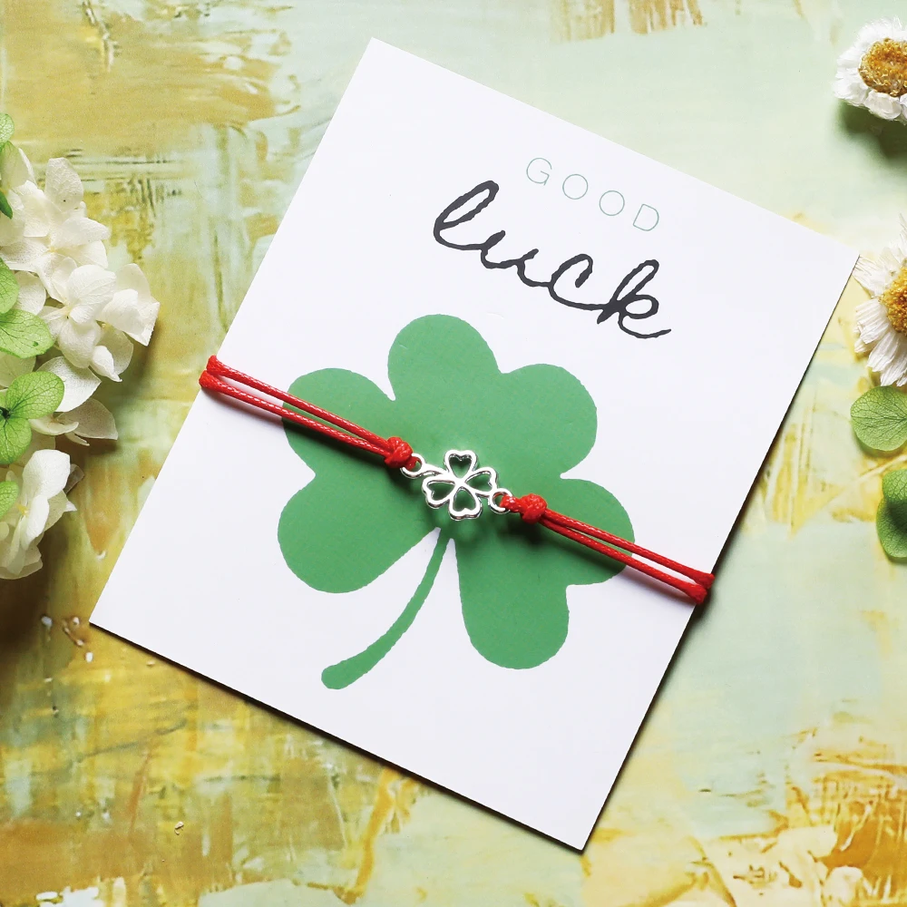 Pulsera de deseos de trébol de cuatro hojas, pulsera con dijes de trébol de cuatro hojas de buena suerte para mujeres y hombres, regalo de amistad, joyería de la suerte