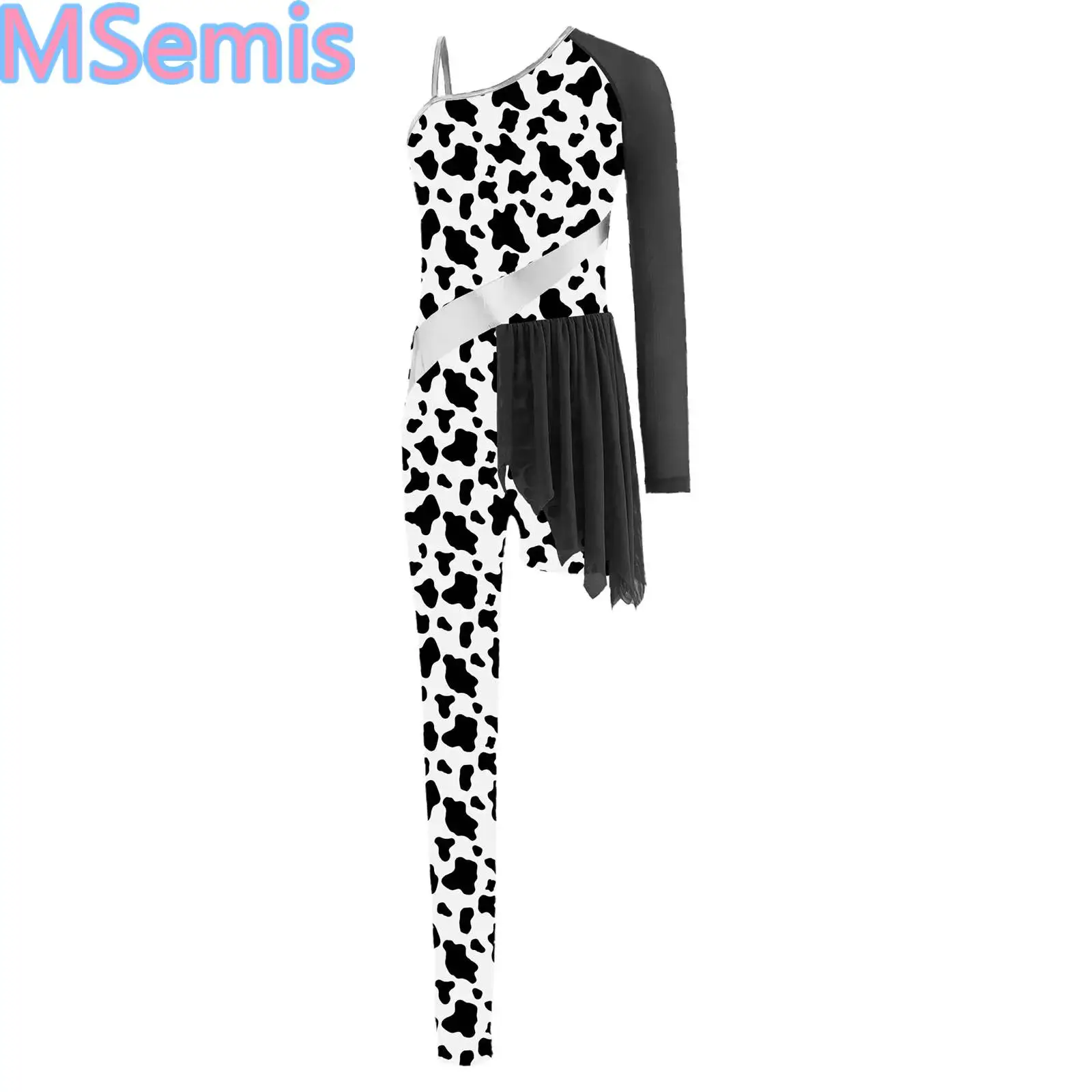 

Kid Girls Dance Leopard Print Skating Costume Gymnastics Ballet Leotard Asymmetrical Jumpsuit Halloween Cave Performance Clothes