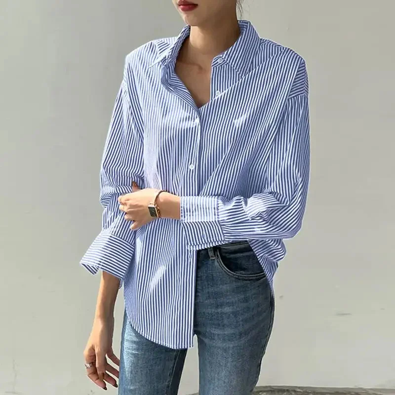 Women Spring Summer Blouses Shirts Lady Fashion Casual Long Sleeve Turn-down Blue Stripes Blusas Tops