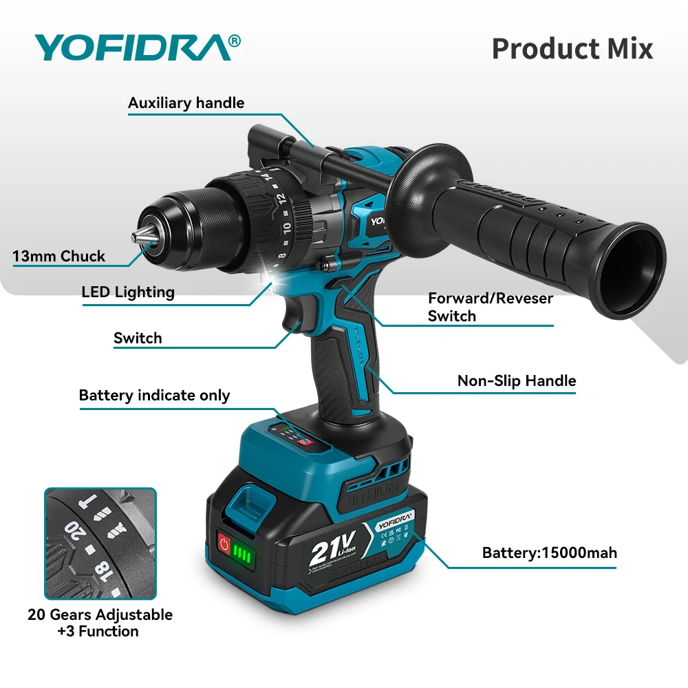 YOFIDRA 900N.M 13MM Bürstenlosen Elektrischen Schlagbohrmaschine 20 + 3 Drehmoment Handheld Bohren Schraubendreher Power Tool Für Makita Batterie pin – Detail 4