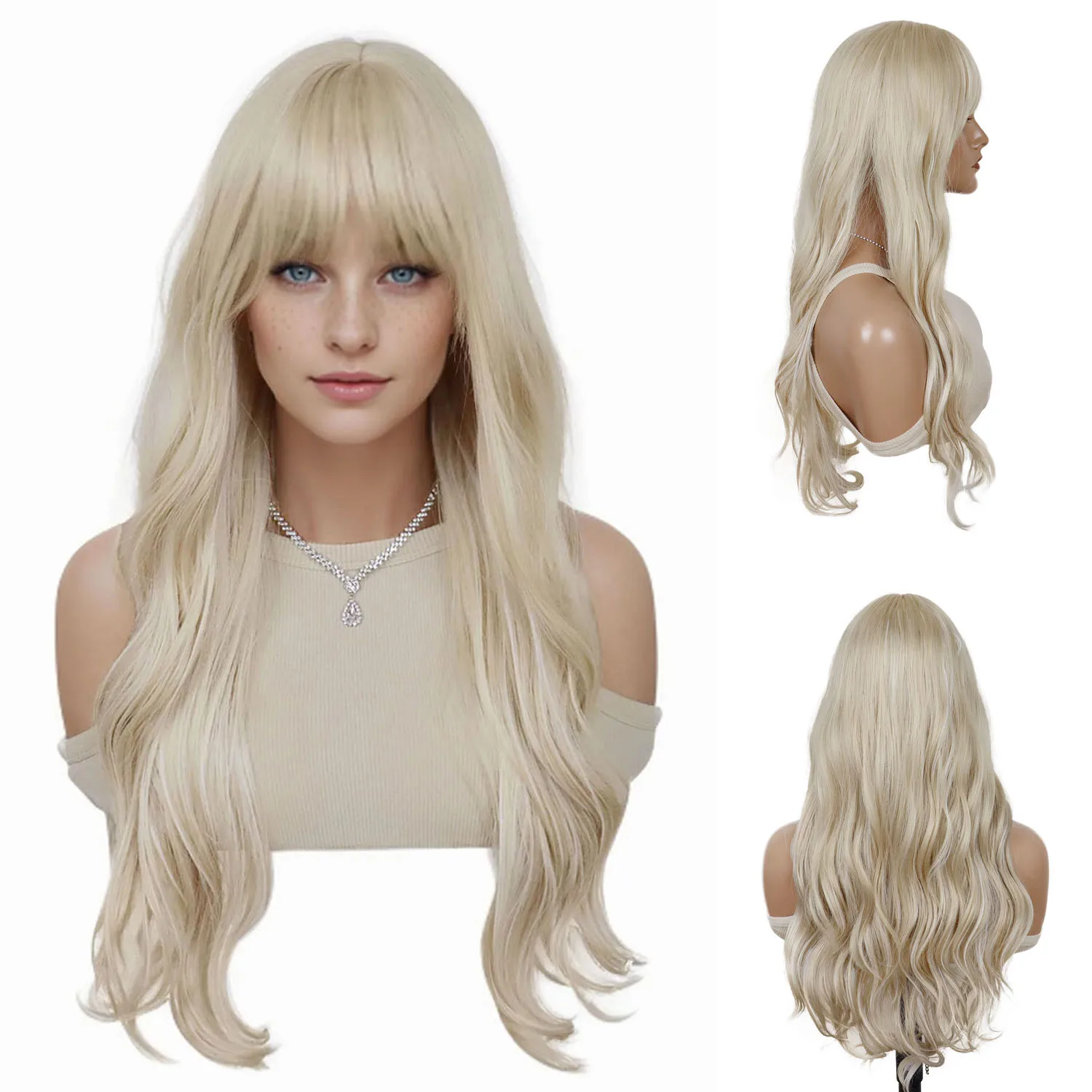 

Synthetic Blonde Wig with Bangs for Women Long Wavy Curly Wigs Heat Resistant Wig for Girls Daily Use Party Halloween Cosplay