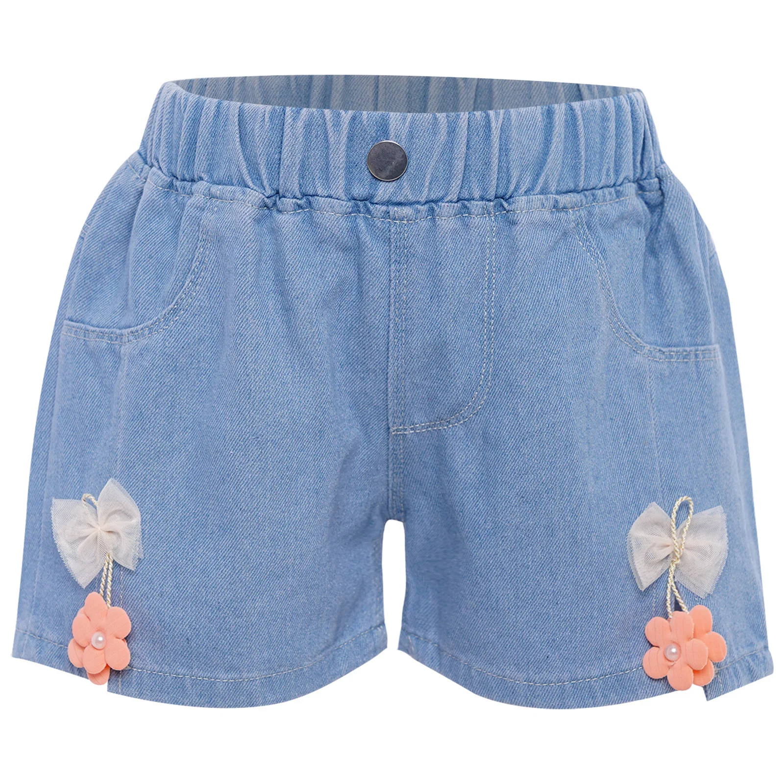 

Kids Girls Denim Shorts Summer Bowknot/Flower/Butterfly Decoration Split Hem Elastic Waist Shorts for Casual Vacation Beachwear