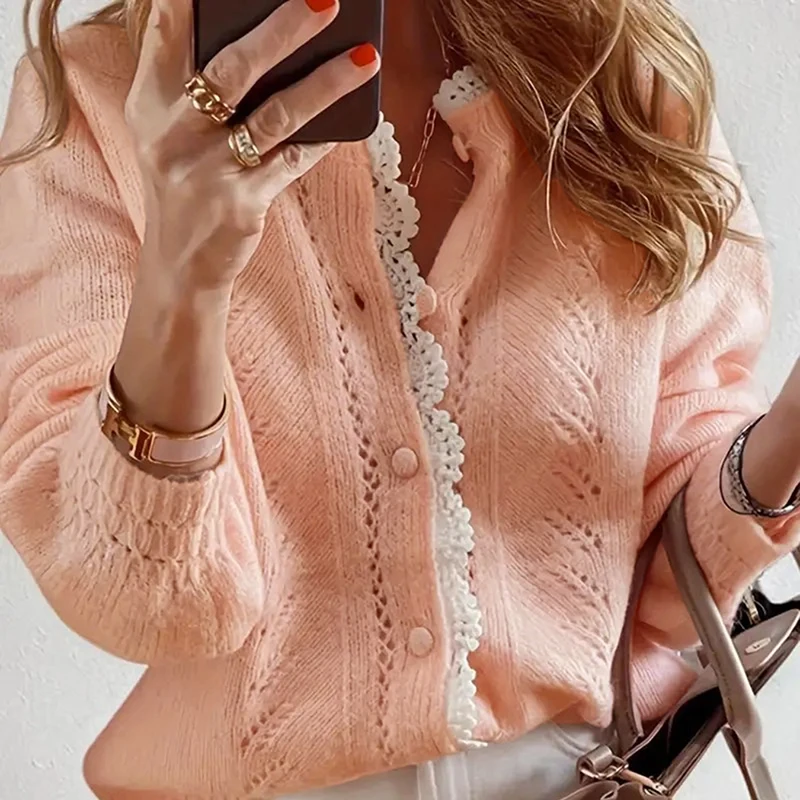 

Autumn Fashion Lace Patchwork Knit Coats Women Casual Long Sleeve Solid Short Cardigan Winter Elegant O-neck Button Sweater Top