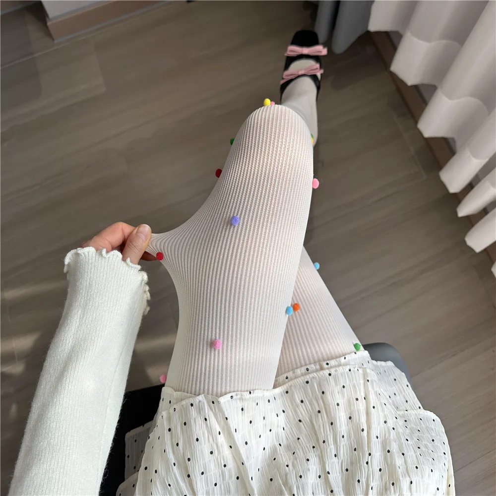 Cute Colorful Fur Ball Dot Embellished Ladies' Pantyhose Playful Vertical Stripes Lolita Hottie Fashion Show Slimming Tights