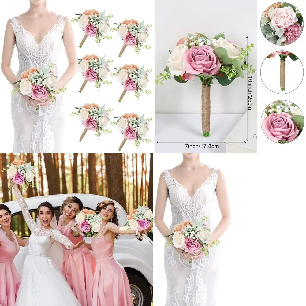 

Set of 6 - 7 Inch Pink & Blush Artificial Flower Bouquets for Bridesmaids, Wedding Centerpieces, or Proposal Party Decor