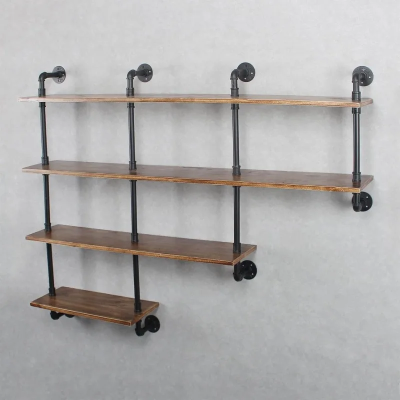 رفوف الأنابيب الصناعية ذات 4 طبقات مقاس 63 بوصة، أرفف عائمة ريفية، أرفف مثبتة على الحائط مع رف النبيذ، جدار مزخرف