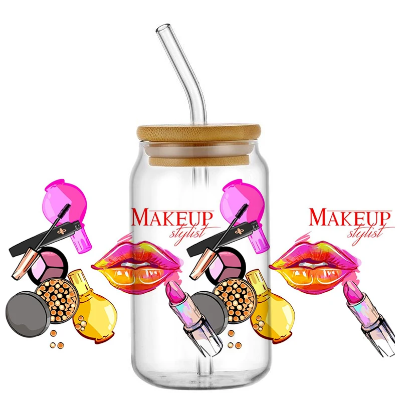 15 تصميم جديد ماكياج سلسلة ملصق مائي UV DTF كأس يلتف ل 16 أوقية مقاوم للماء UVDTF نظارات أكواب نقل ملصق القدح لتقوم بها بنفسك الهدايا التفاف