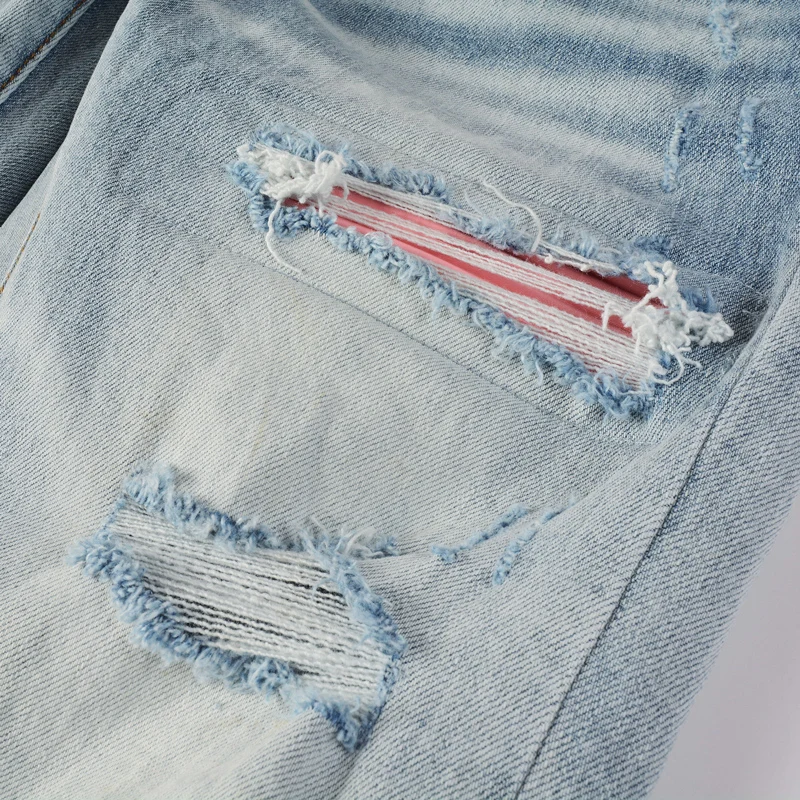 هاي ستريت أزياء الرجال الجينز الرجعية الضوء الأزرق الوردي مرقع تمتد نحيل صالح ممزق الجينز الرجال العلامة التجارية الهيب هوب Y2K الدنيم السراويل