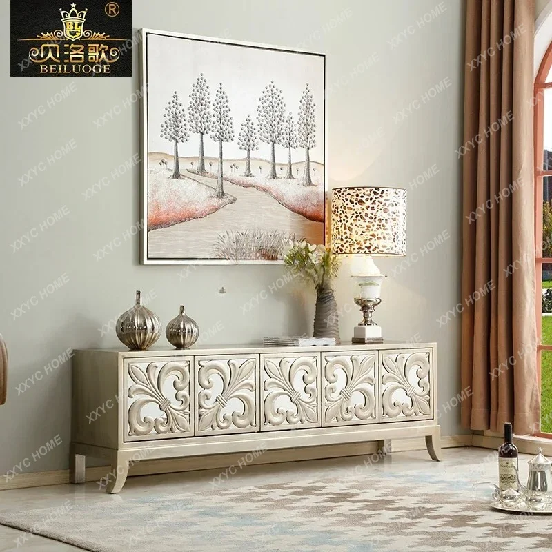 XX   Neoclassical glass TV cabinet engraved champagne silver old low cabinet