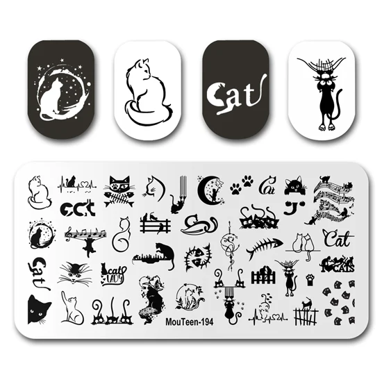 Art Nail MouTeen194 Cute Cat Fishbone Art Nail Stamping Plates Manicure Set For Nail Art Stamper