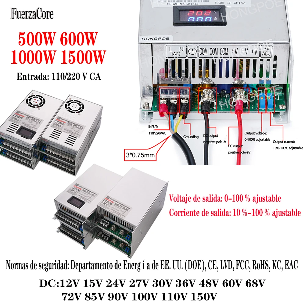 Fuente de alimentación digital con pantalla, 500W, 600W, 1000W, 1500W, salida de potencia SMPS 12-200VDC, conmutable 110V/220V AC, adecuada para luces LED, TV y motores.