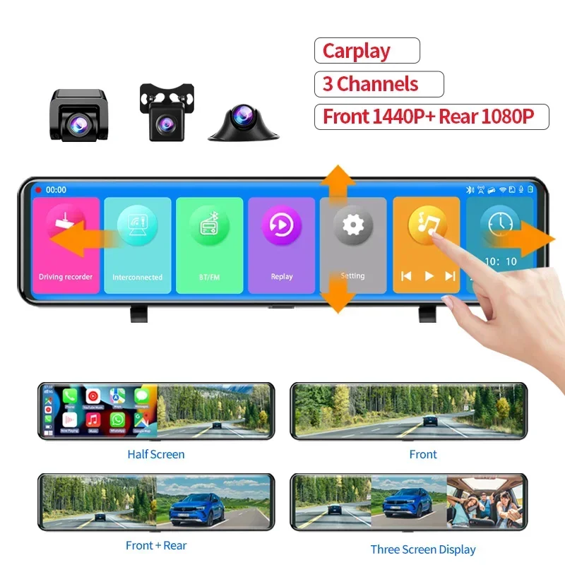 carplay Dash cam 12 Inch 1440p Car DVR Camera Stream Rear View Mirror 1080P 3 in 1 Drive Video Auto Recorder 3 cameras