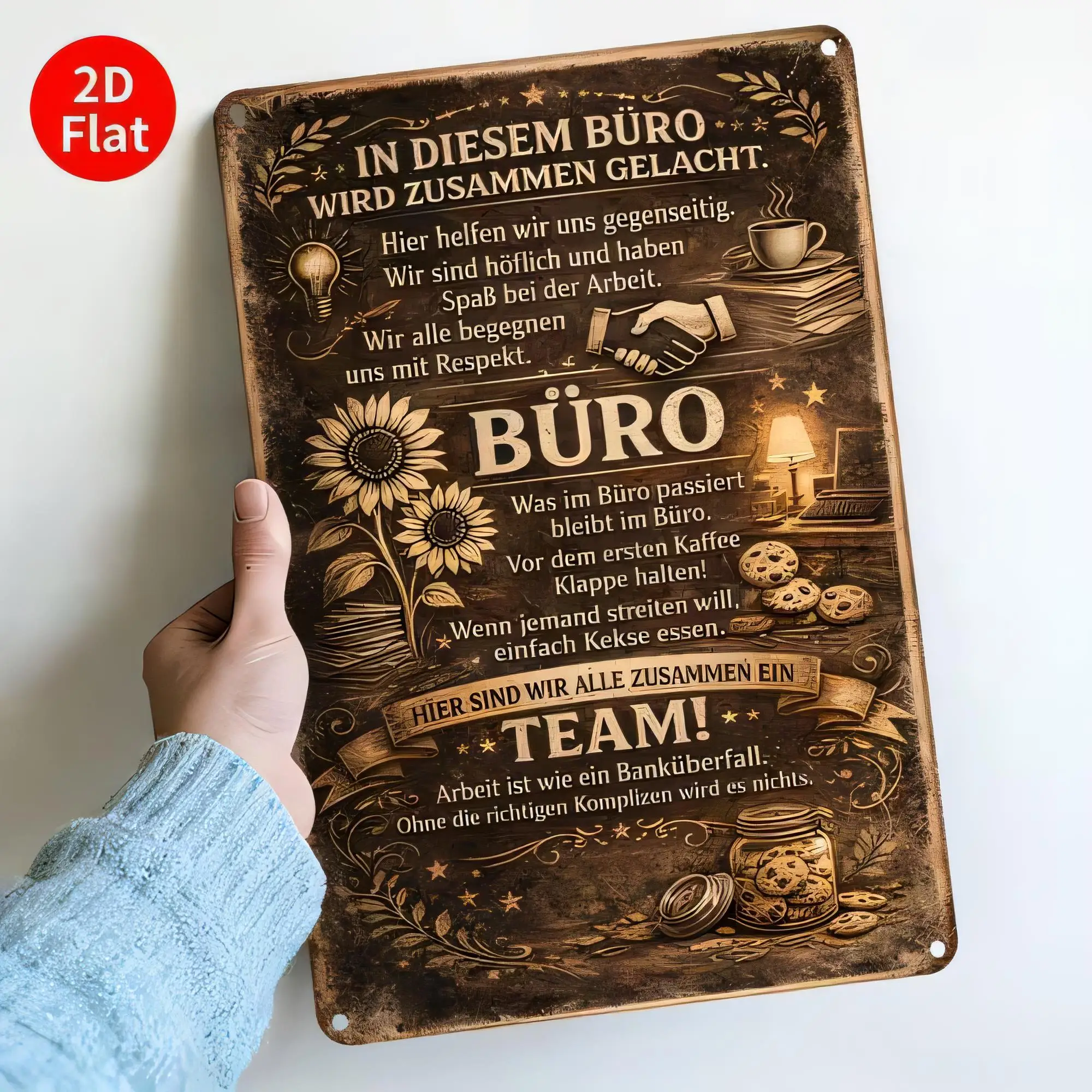 Tin Sign for Office Wall Decor, Vintage German Quote “In Diesem Büro wird Zusammengehalten”, Inspirational Teamwork and Respect