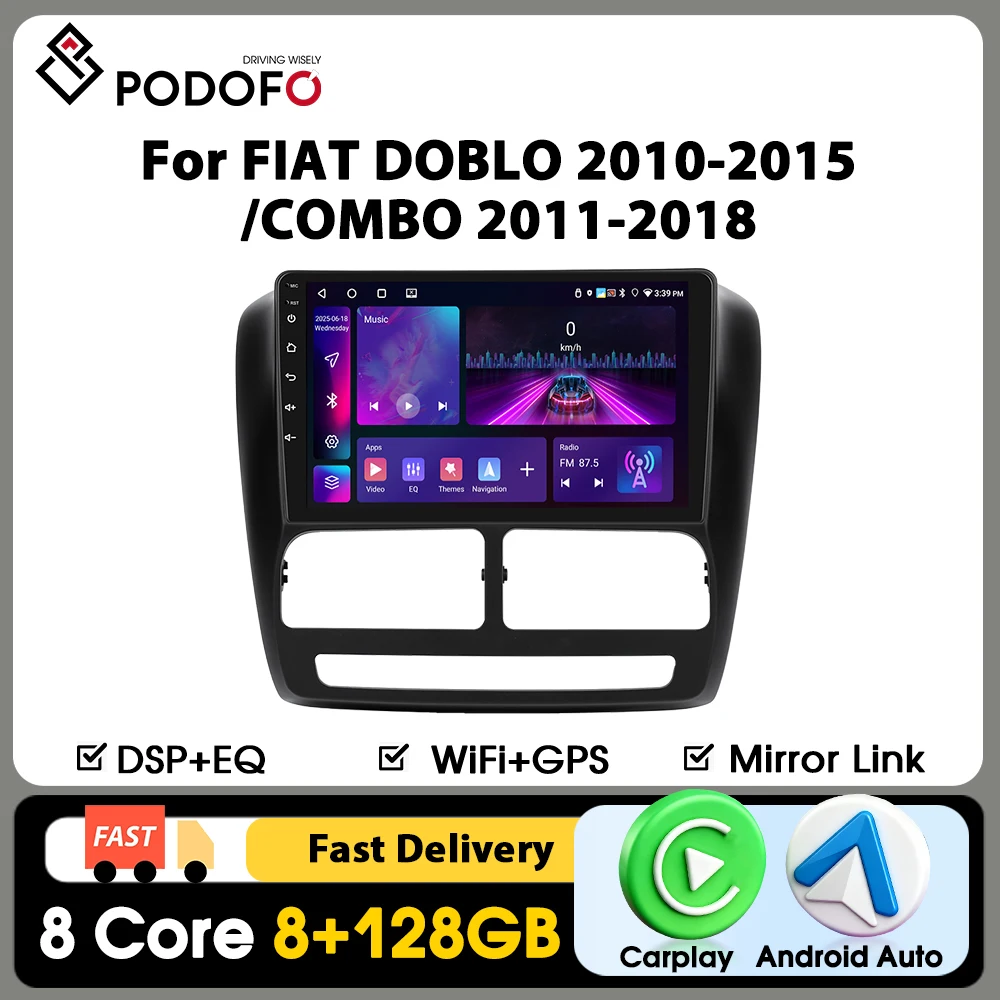 Podofo Carplay Autoradio für FIAT DOBLO 2010-2015/COMBO 2011-2018 Intelligentes Autoradio Android Auto GPS-Navigation KI-Sprachsteuerung WIFI 4G FM RDS Mirrorlink Geteilter Bildschirm