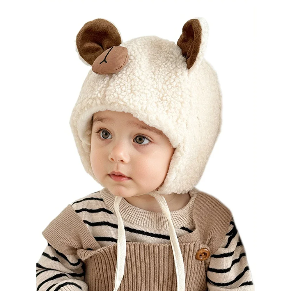 

Plush Winter Baby Hat for Girls Boys Warm Fleece Tie Bonnet Outdoor Windproof Cap with Bear Ear Thicken Kids Ear Protection Hat