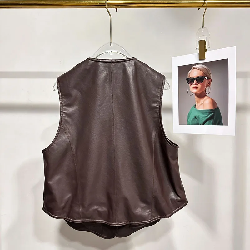 Genuine Sheepskin Vest for Women Fall Winter Fashion Versatile Sleeveless Jacket Round Neck Loose Wrinkle Twisted Leather Gilet