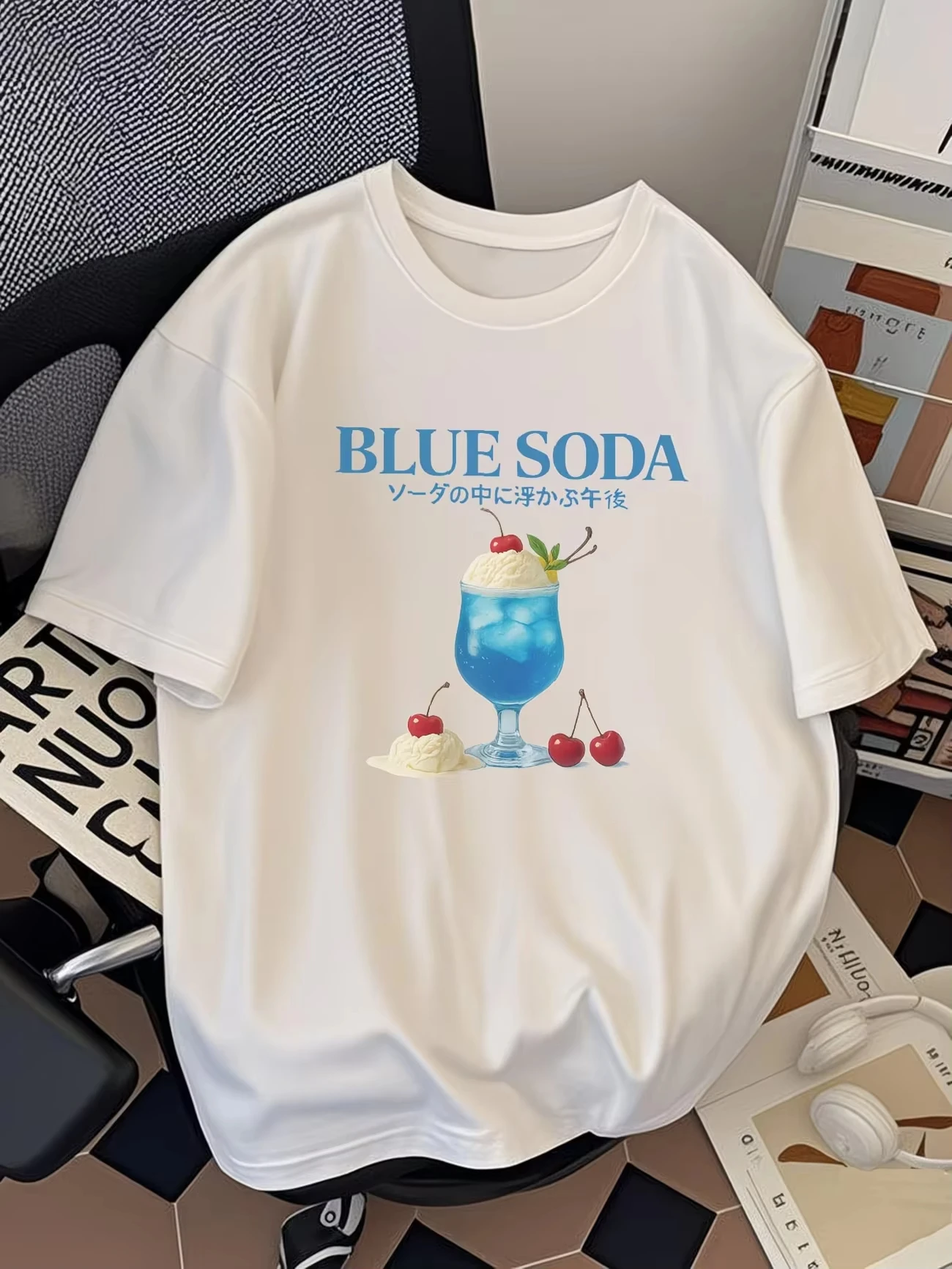 2026 Kawaii Blue Soda Ice Cream Graphic T-Shirt Letter Print Women Men Summer Short Sleeve Loose Tops Casual Streetwear Tee