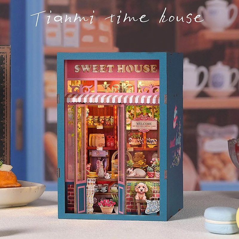 

Book Nook Kit Candy Shop DIY Miniature 3D Wooden Puzzle Handmade Bookshelf Dollhouse Model Bookend Building Home Decoration